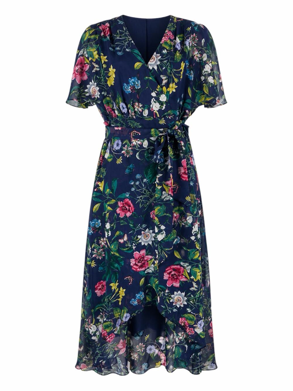 Eliza J Floral Printed Faux Wrap Midi Dress Hi Lo Hem Tie Waist Size 6